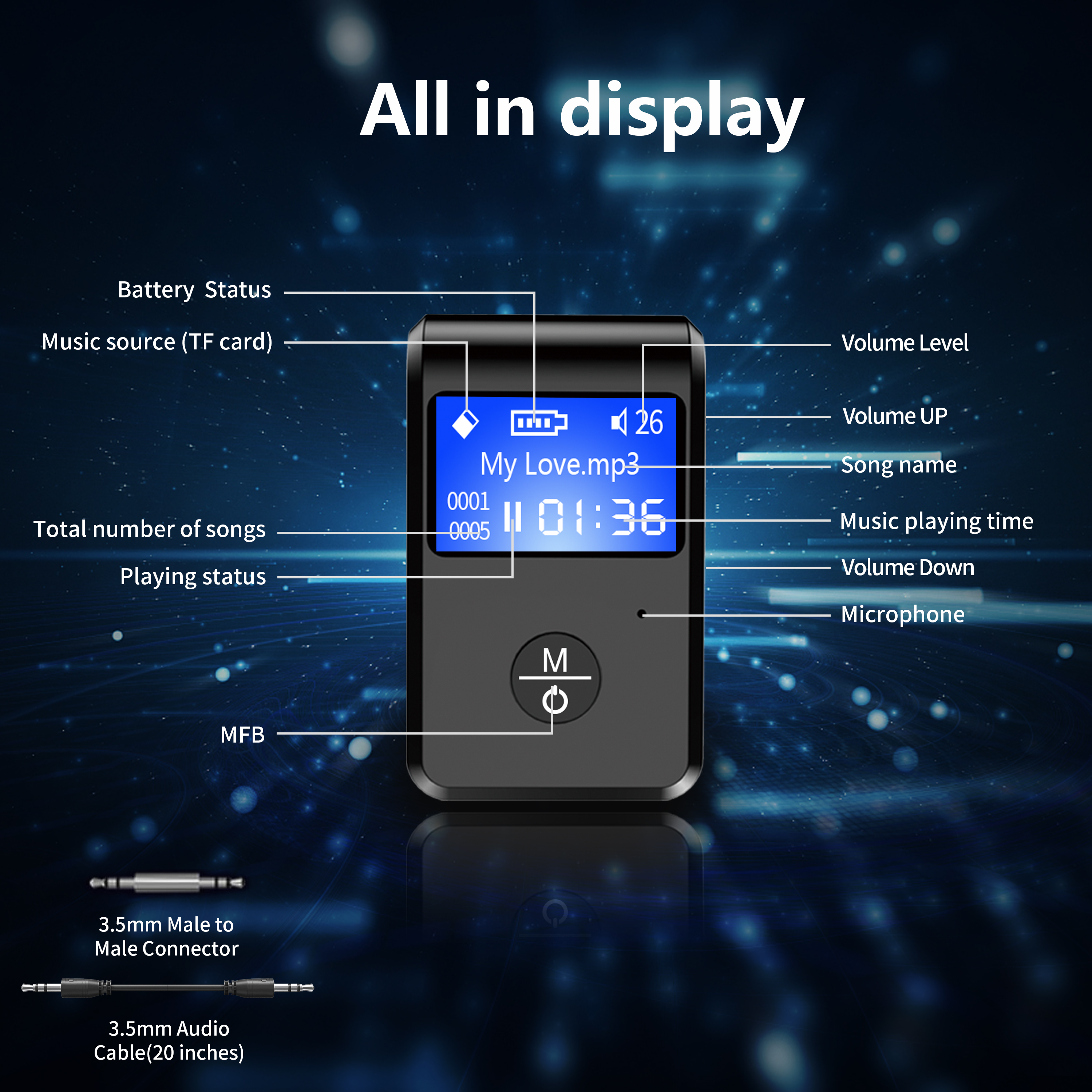 Bộ chuyển đổi Bluetooth CRIACR, bộ thu âm thanh không dây AUX Bluetooth 5.0 hỗ trợ thẻ TF phát liên kết màn hình trực quan im lặng kép