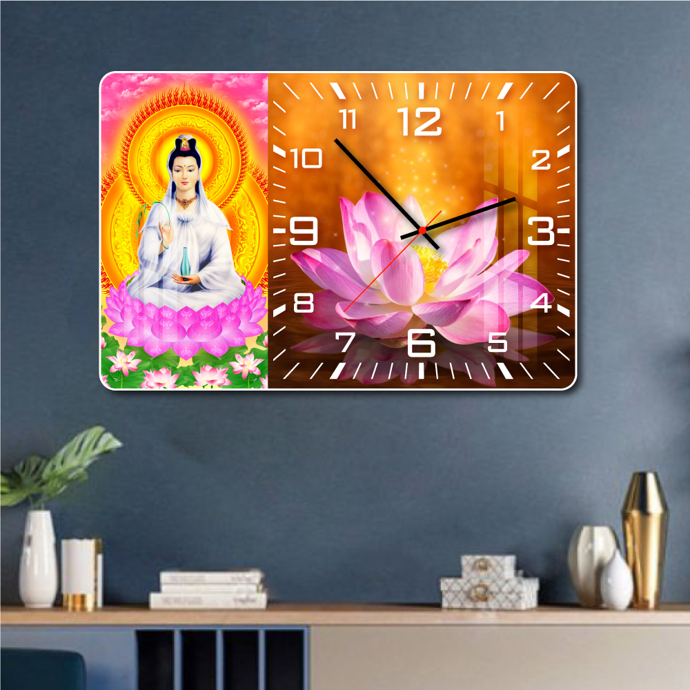 Lalashop - Tranh Phật Kèm Đồng Hồ Treo Tường Tráng Gương Cao Cấp Tranh đồng hồ tráng gương decor phòng khách Tranh Treo Tường Phật Quan Âm Bồ Tát Tranh Phật