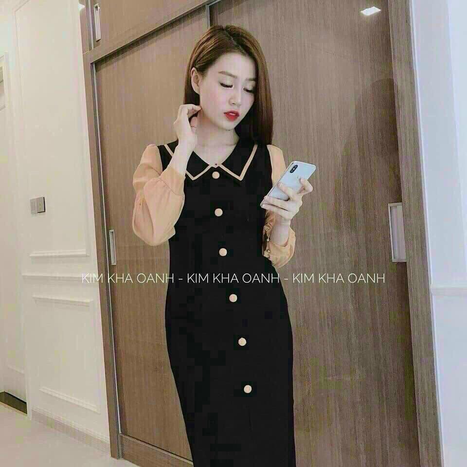 Đầm tay lưới đính nút siêu đẹp chất liệu cát hàn phối voan mềm mịn fashionzero