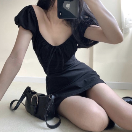 Đầm body ngắn form chữ a trễ vai thắt nơ trước siêu hack dáng
