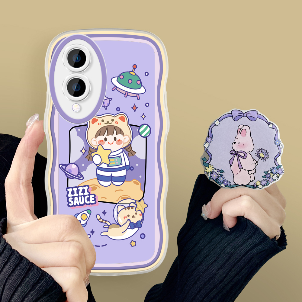 TA for Vivo Y17S Back Cover Cute Space Girl Fashion Wavy Phone Case With Free Holder Camera Protection Transparent TPU Soft Cover.