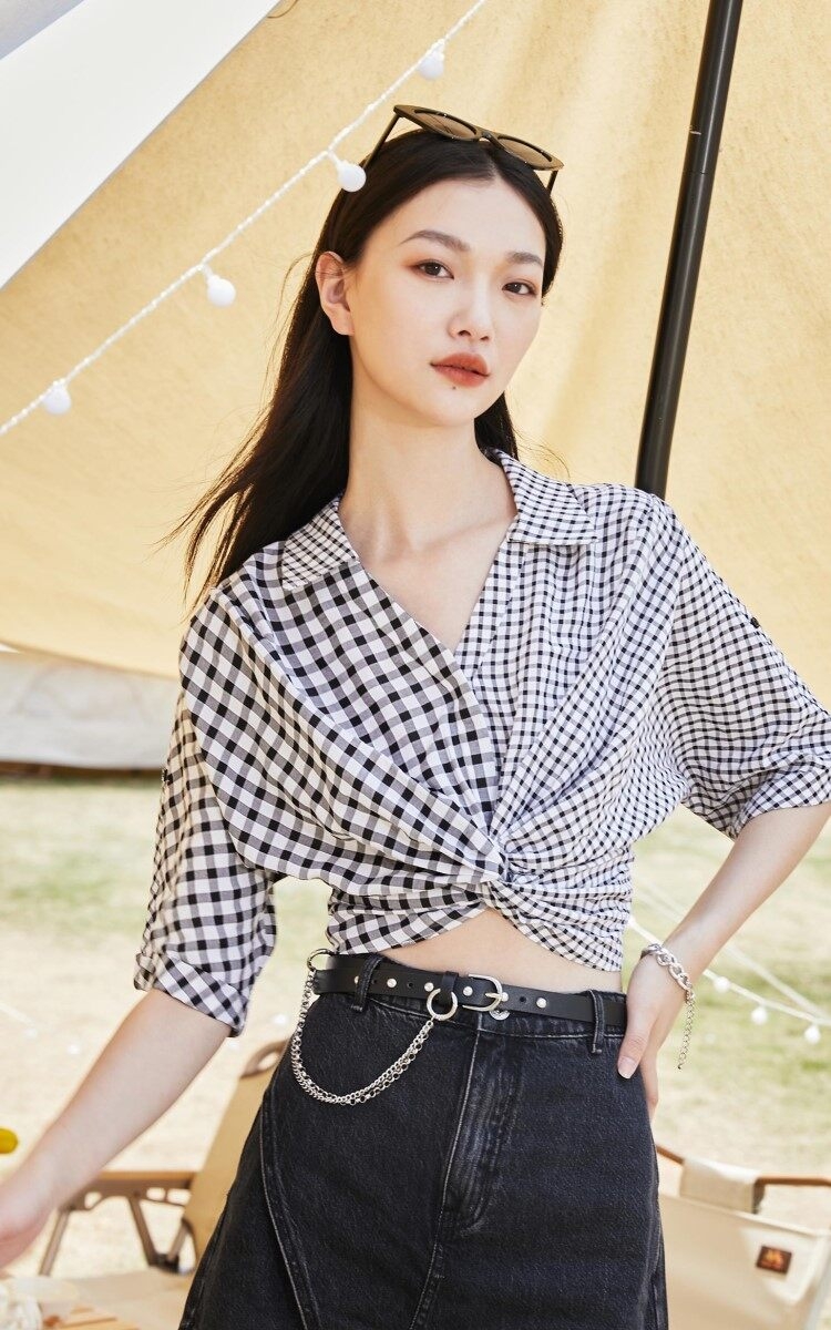 Áo cánh lửng kẻ ca rô cổ bẻ