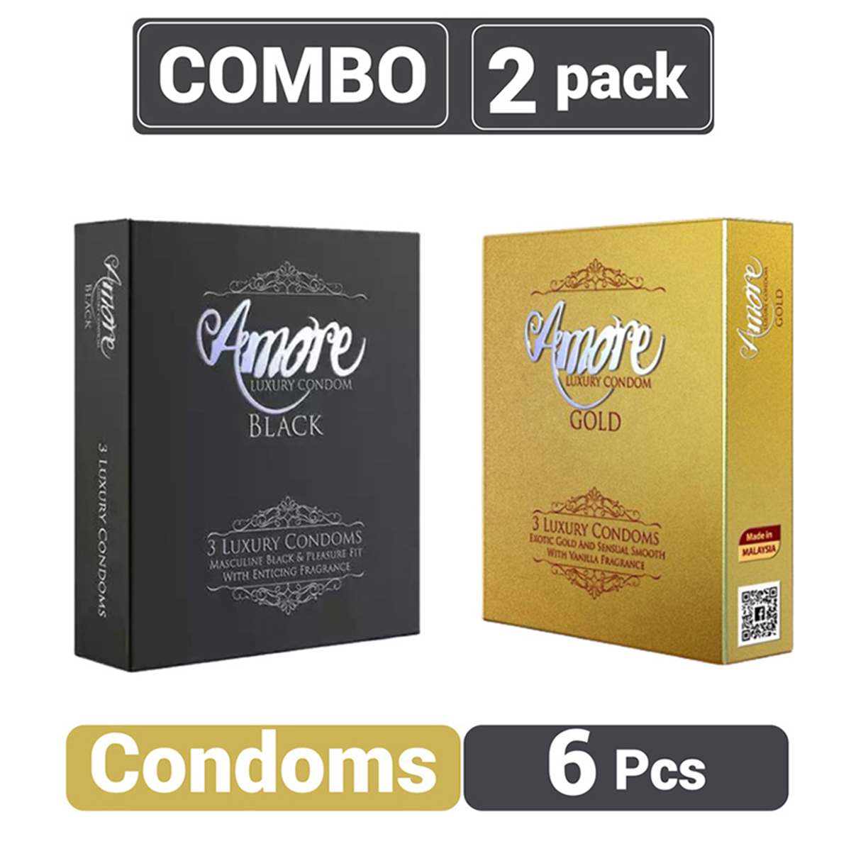 Amore Luxury Gold and Black Condom (3’s X 2) 6 pieces (2's Combo Pack). 