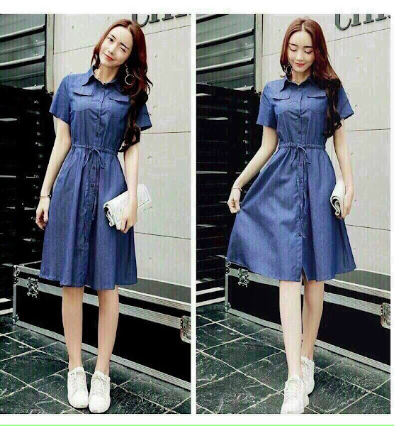 ĐẦM JEAN XÒE EO RÚT DÂY CỔ SƠ MI