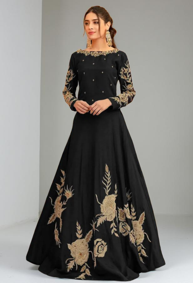 Stylish Flair Embroidered Silk Maxi Dress for Women – Luxury Formal Wear – Party & Wedding Outfit. 