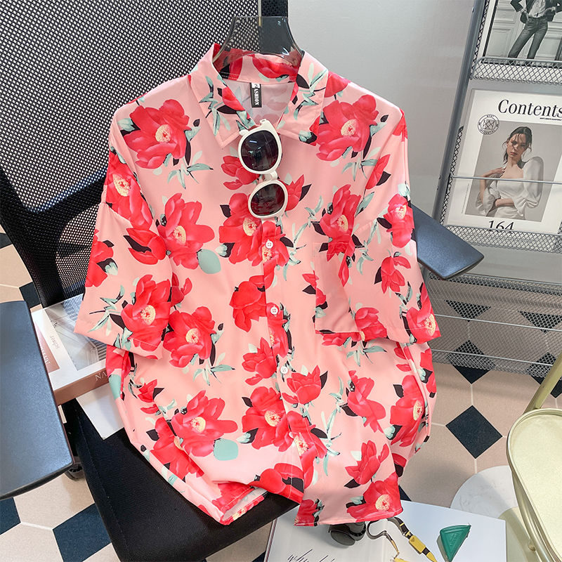 Women's Hawaiian Retro Floral Shirt Top Summer French Loose Fitting Short Sleeved Shirt