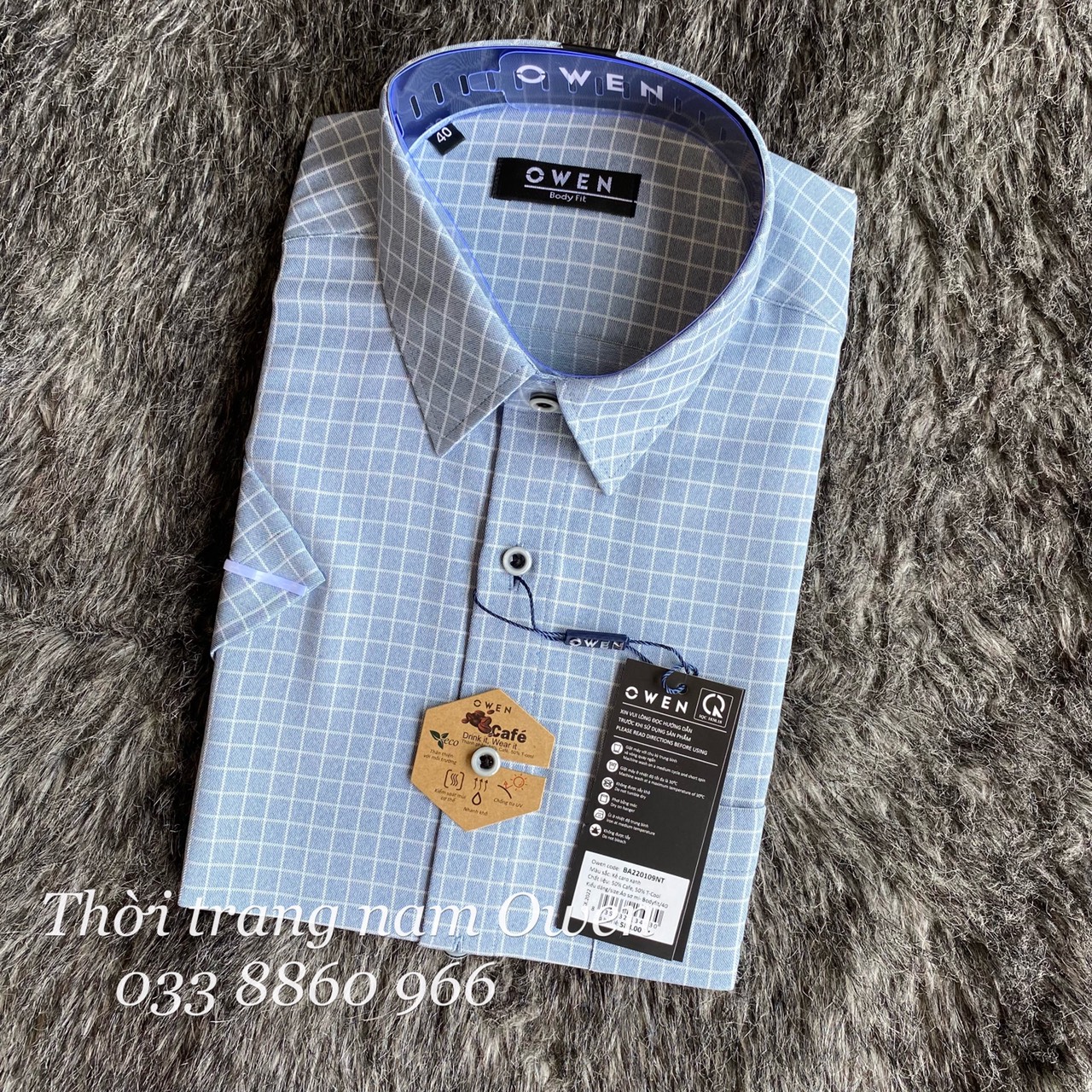 OWEN - Áo sơ mi ngắn tay Owen vạt ngang chất cafe không nhăn màu xanh xám kẻ ô nhỏ 220109