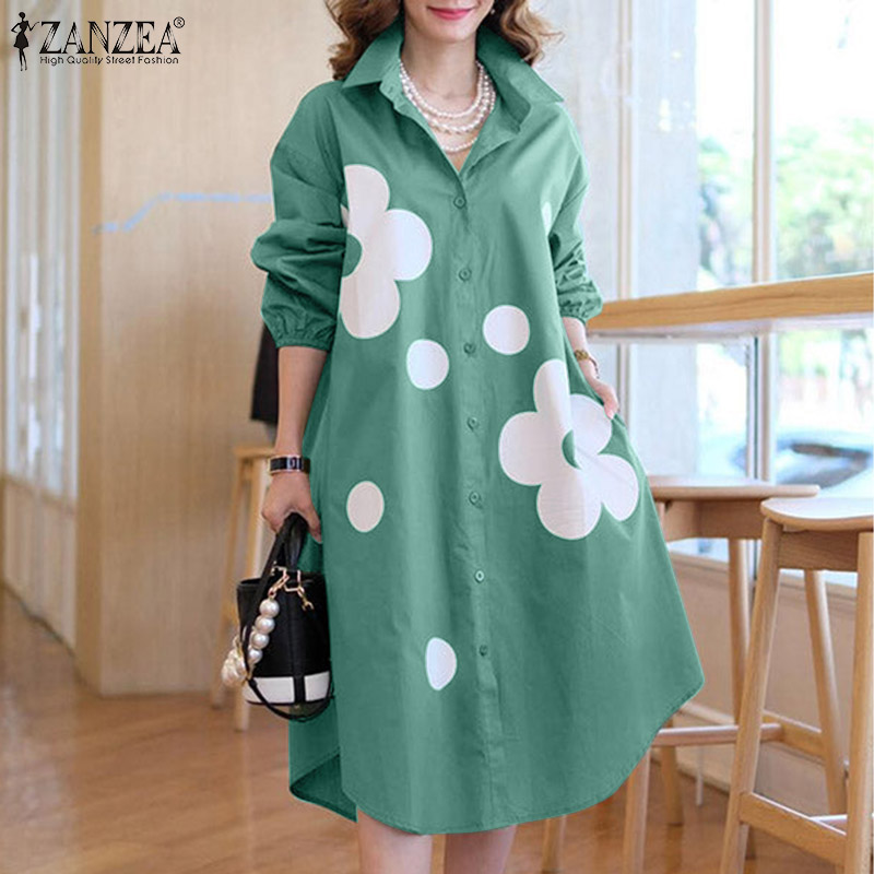 ZANZEA%20Korean%20Style%20Women's%20Dress%20New%20Fashion%20Lantern%20Sleeve%20A-Line%20Shirtdress%20Floral%20Printed%20Midi%20Dresses%20-%20Image%209