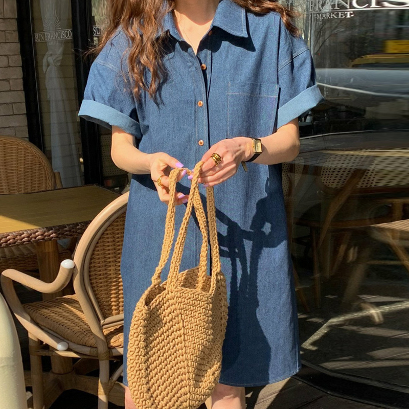 韩国NUOVPAUL夏季复古方领明线设计宽松休闲短袖牛仔连衣裙短裙女