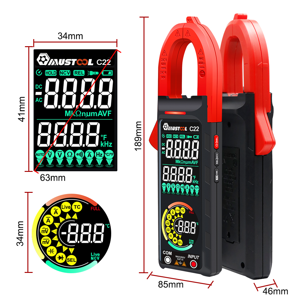 Mustool Đồng hồ vạn năng hiện tại C22 DC/AC 400A Đồng hồ kẹp đo điện kỹ thuật số Ampe kế Vôn kế RMS thật độ chính xác cao nhận dạng dây có điện NCV cảm ứng điện dung Ohm những người khác kép va Màn hình màu đèn nền