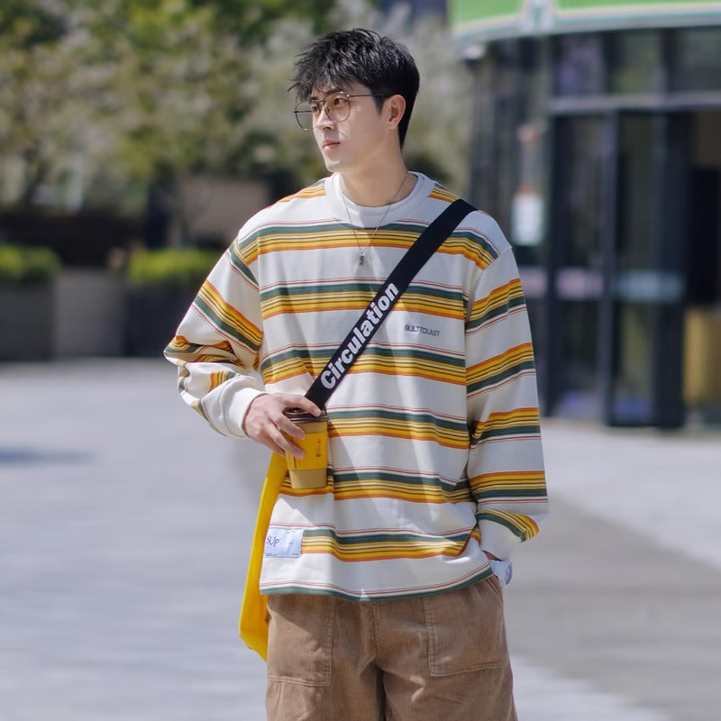 MOLAN Áo sweater nam áo chui đầu cổ tròn của nam áo sọc trùm đầu sọc Retro Áo thun mỏng
