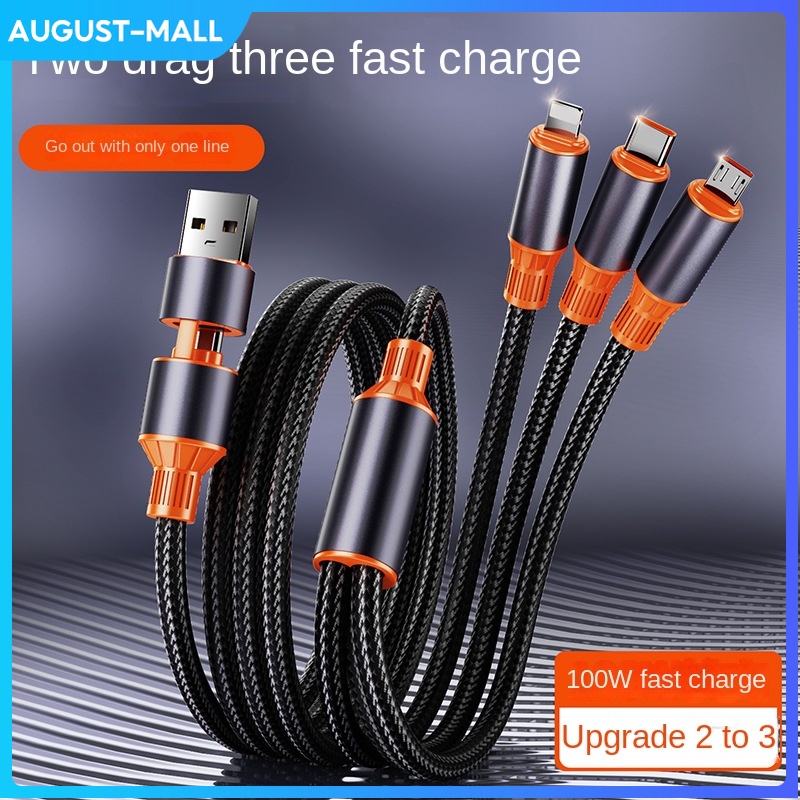 Mới 100W Cáp dữ liệu sạc nhanh nylon bện 6A hai kéo Ba cáp sạc một kéo Ba đa chức năng Cáp sạc