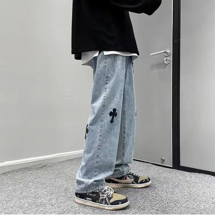 Quần dài trào lưu vibe plus phiên bản dài thẳng ống Quần jeans rộng thùng thình soái hi hip hop học sinh quần jeans nam thập tự giá trái tim cro d0463