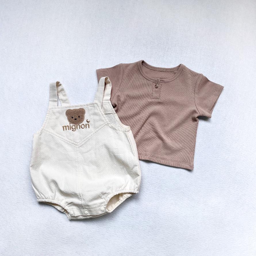 Baby Clothing Summer Baby Baby Baby Cute Bear Embroidered Strap Romper+Short Sleeve T-shirt Set 2 Piece Set