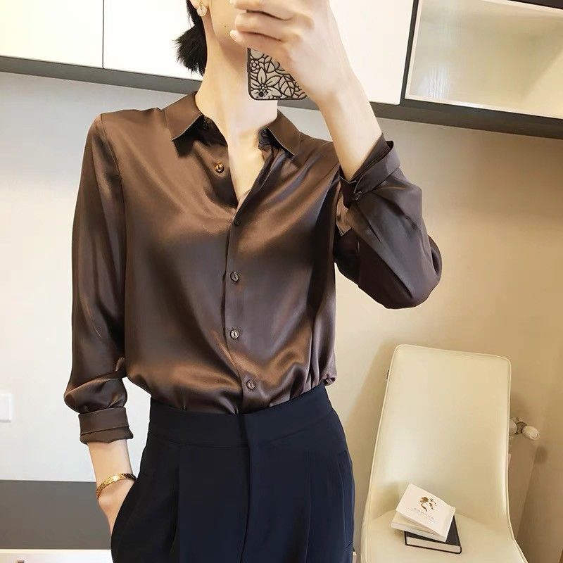 Her Store Women Korean Style Satin Blouse Women Long Sleeve Loose Silk  Office Shirt Satin Silk T Shirt