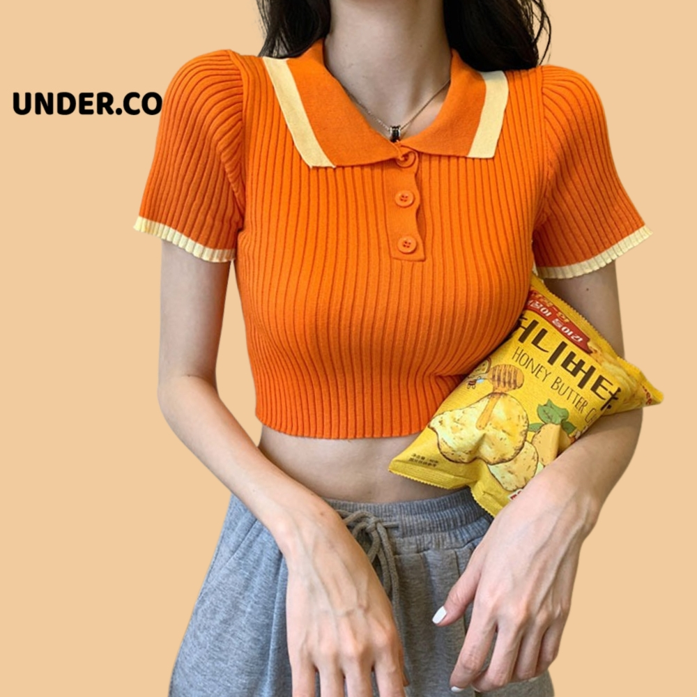 Áo Croptop Nữ Cổ Polo Len Nữ Mongtoghi Cộc Tay Cổ Phối Viền chất len tăm mỏng co dãn phong cách trẻ trung