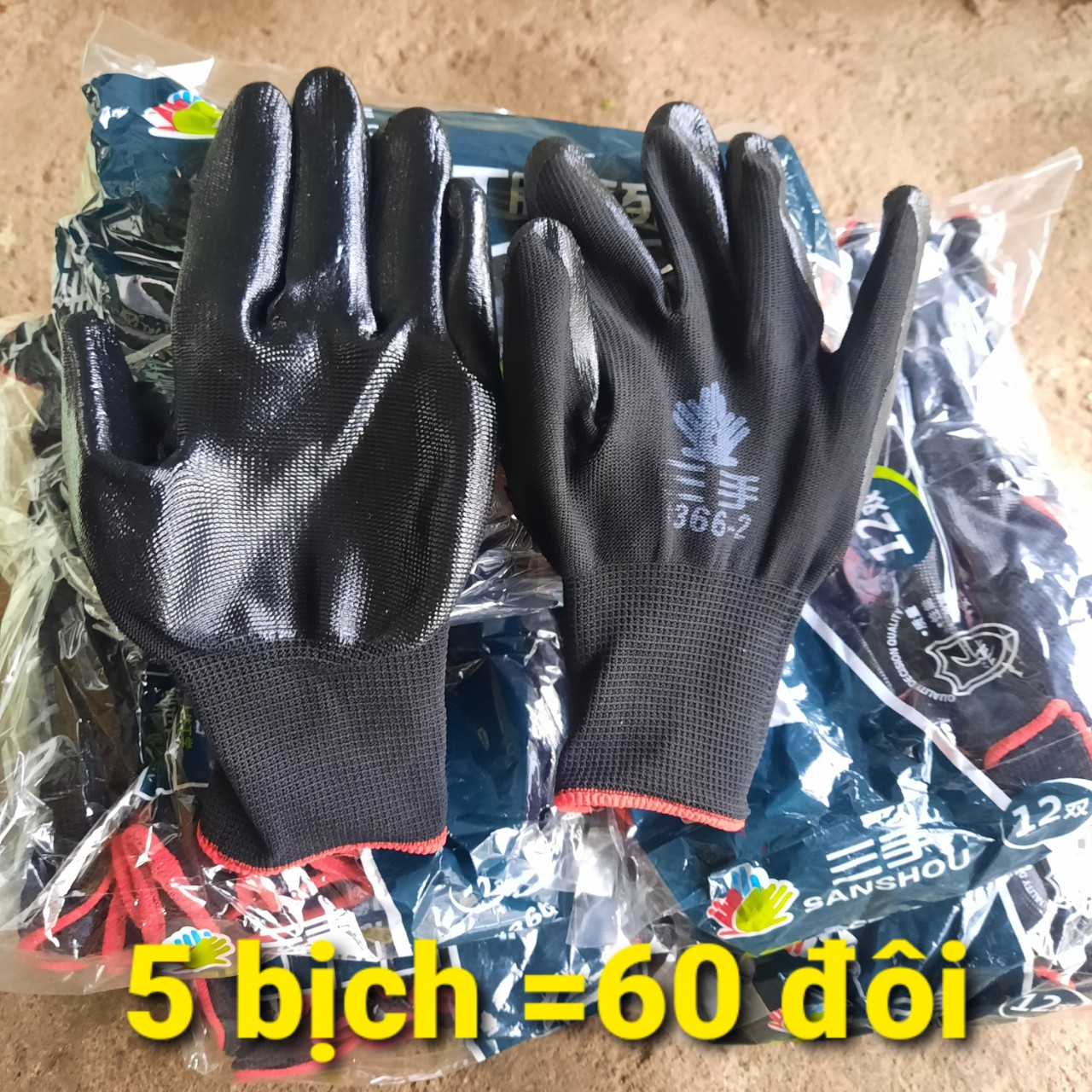 COMBO 5 bịch găng tay phủ cao su đen 366, găng tay lao động siêu bền