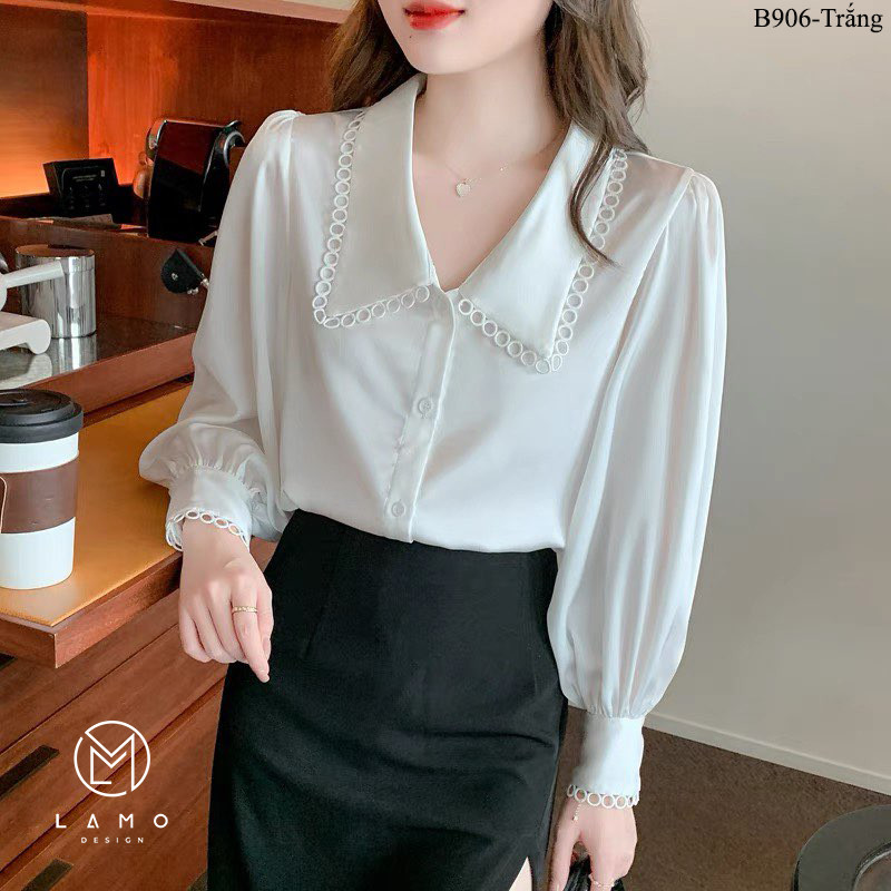 Áo sơ mi công sở nữ lụa ngọc trai phối ren sang trọng _ B906