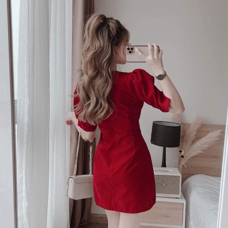 Đầm Váy Nhung Đỏ Nơ Siêu Xinh