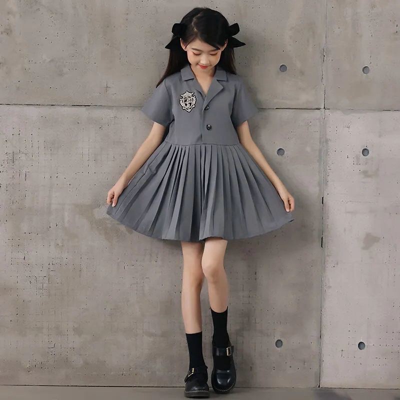 IQANGEL Angel girls summer dress Preppy style short sleeve skirt Fashionable children's pleated skirt