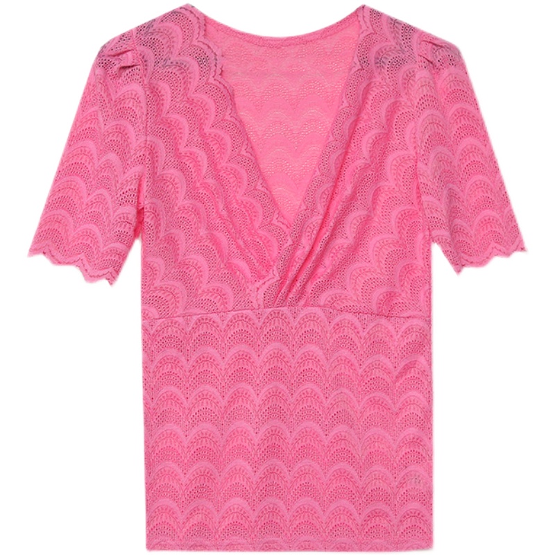 REHIN Women's top Lace short-sleeved T-shirt V-neck lace fashionable small blouse