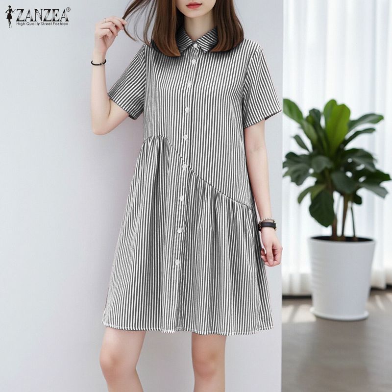 ZANZEA%20Korean%20Style%20Women%20Summer%20Lapel%20Solid%20Color%20Dresses%20Pleated%20Stripe%20Short%20Sleeve%20Knee%20Length%20Dress%20#0126%20-%20Image%204