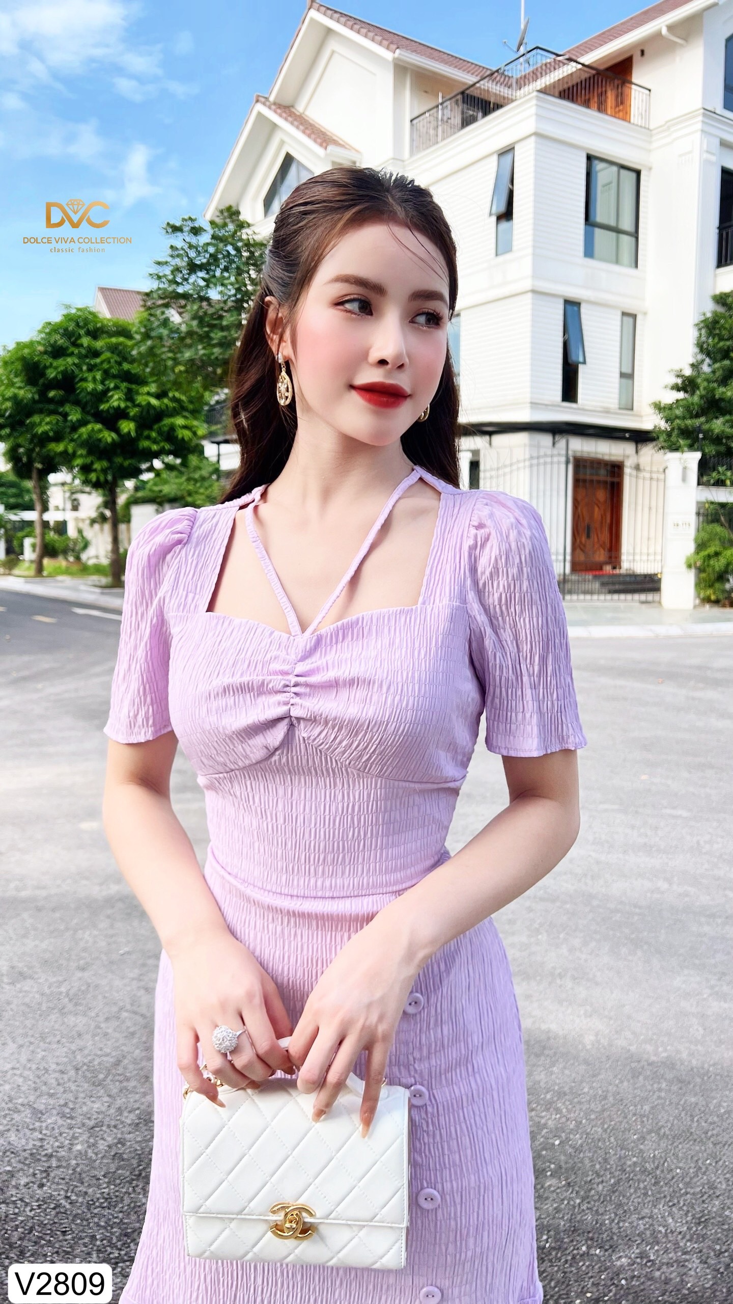 VÁY TÍM CỔ VUÔNG ĐÍNH CÚC V2809 - DOLCE VIVA COLLECTION