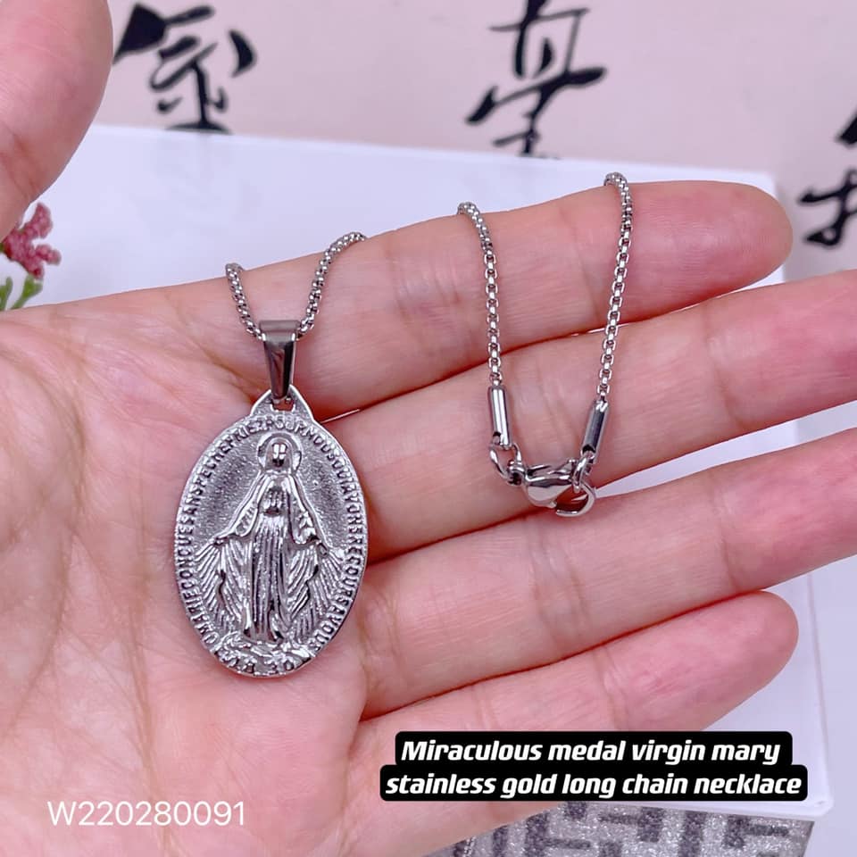 miraculous medal virgin mary stainless gold long chain necklace | Lazada PH