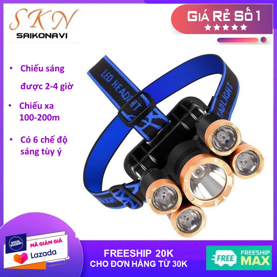 Đèn Pin Đội Đầu Siêu Sáng 5 Mắt Bản Mới Bóng To Hơn, Sáng Hơn, Chống Nước Chống Bụi Tiêu Chuẩn, Đèn Pin Đội Đầu, Đèn Pin Siêu Sáng