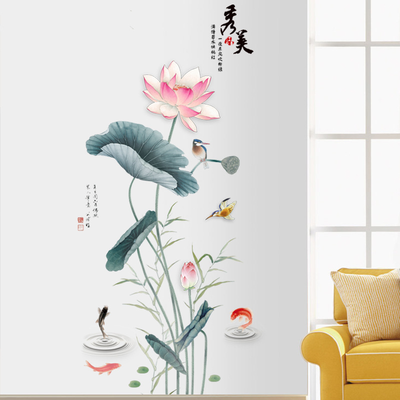 Decal Dán Tường Hoa Sen Chim và Cá