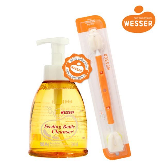 Combo nước rửa bình sữa wesser rửa rau củ và phụ kiện, an toàn cho bé dạng chai 500ml và cọ đa năng