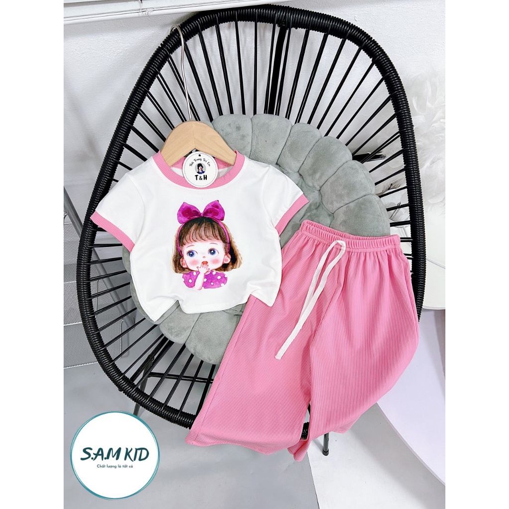 [8-40kg] Đồ bộ bé gái quần ống rộng thu gân lụa