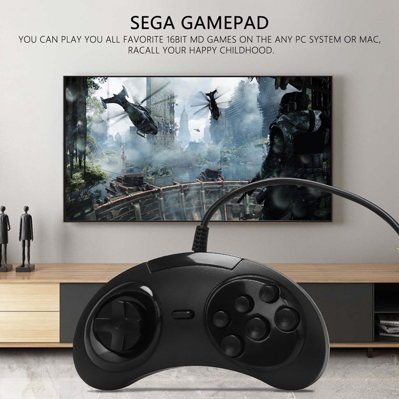 Gamepad Wired 6-Key Usb Game Controller Joypad For Sega Genesis / Md Pc / 2 Y1301 / Mac Mega Drive Black Plastic