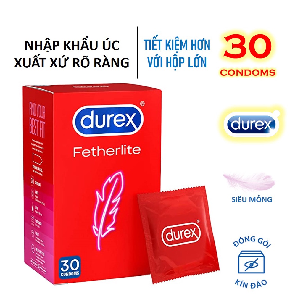 Bao cao su Durex Fetherlite thin feel Úc chính hãng, siêu mỏng - Hộp lớn 30 bao