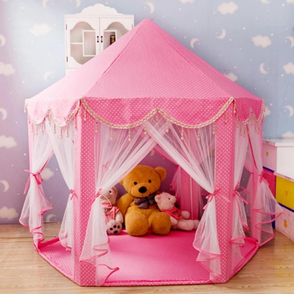 Lều bóng công chúa hoàng tử cho bé trai bé gái lục giác 6 cửa có rèm chống