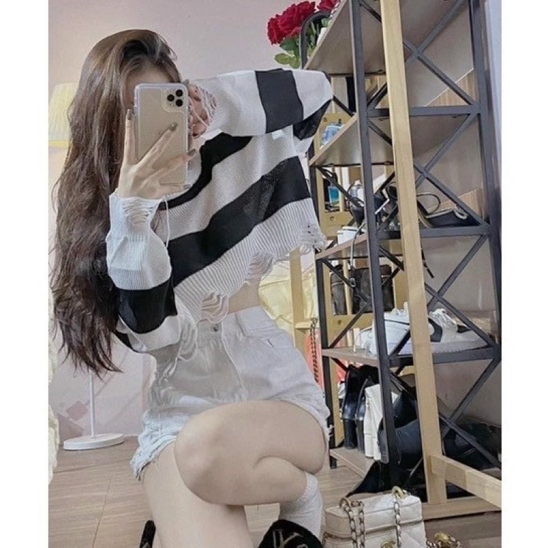 Áo len nữ kiểu rách mỏng croptop cá tính hàng QC