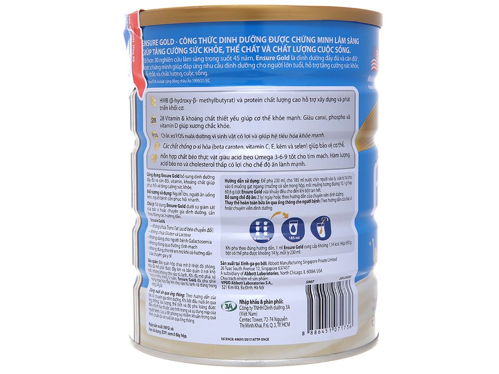 Sữa bột Ensure Gold vani ít ngọt lon 850g