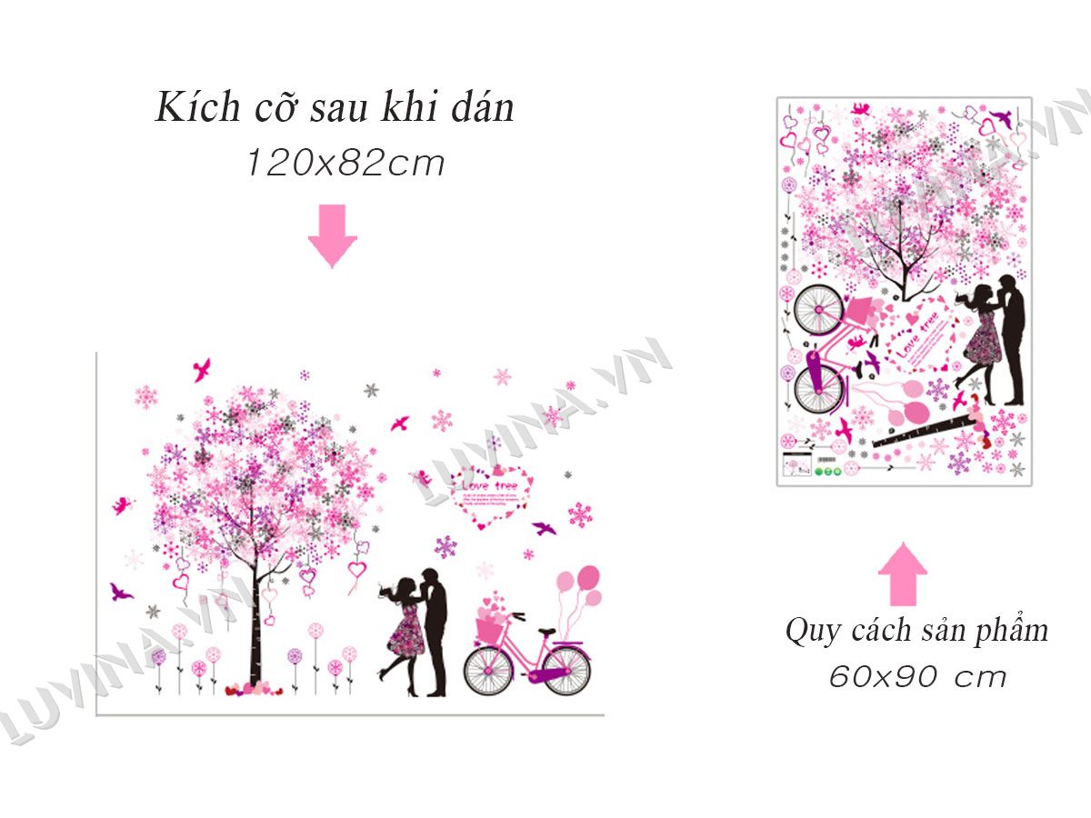 [HCM]DECAL DÁN TƯỜNG HOA HỒNG VÀ CÂY TRÁI TIM