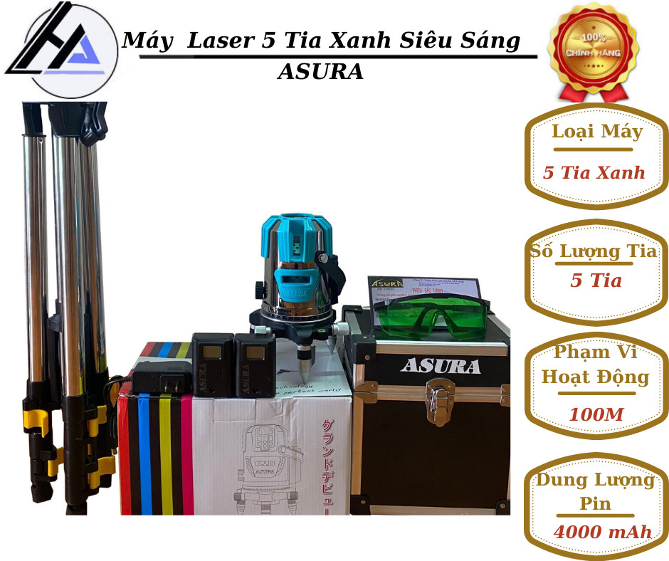 Máy laser cân mực 5 tia xanh bắn cốt siêu sáng asura - 5 tia xanh laze, khoảng cách chiếu xa lên đến 200m tặng kính, sạc, hộp nhựa -bảo hành 6 tháng