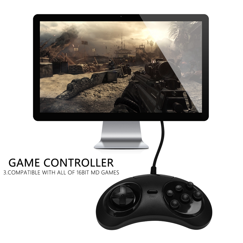 Gamepad Wired 6-Key Usb Game Controller Joypad For Sega Genesis / Md Pc / 2 Y1301 / Mac Mega Drive Black Plastic