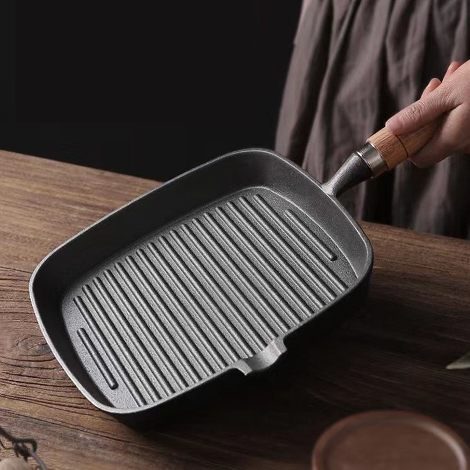 Cast Iron Pan Cast Iron Skillet Wooden Handle for Steak