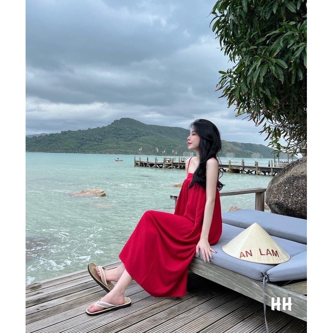 Váy maxi đi biển, đầm maxi đỏ chun sau chất lụa xin xò