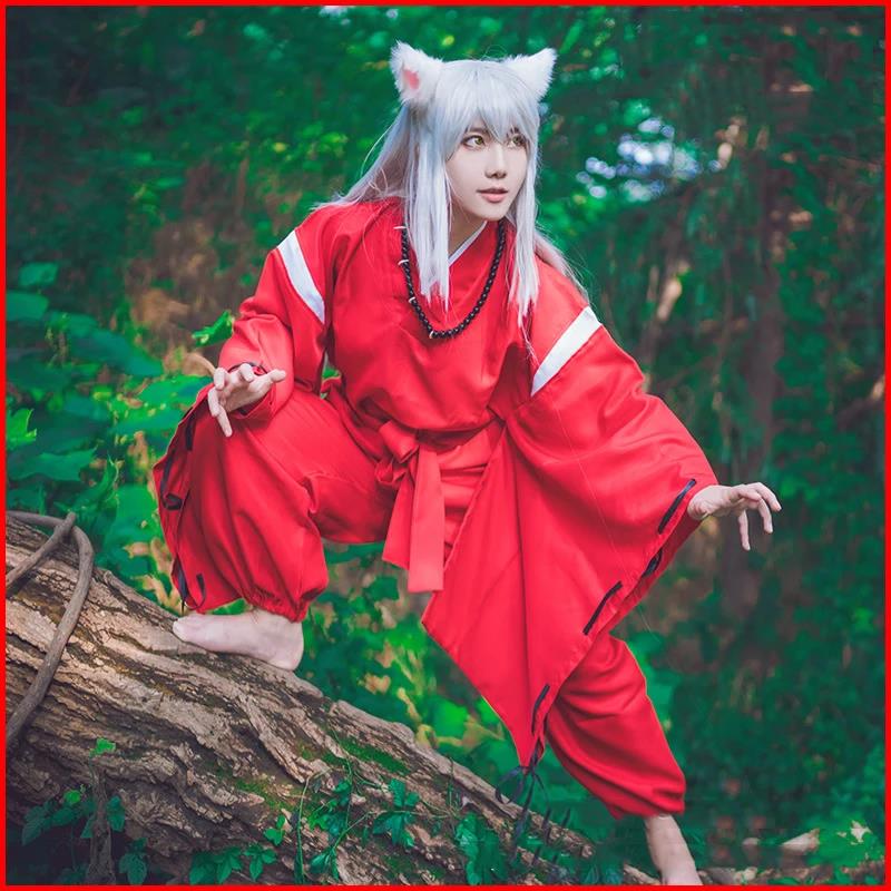 Anime Inuyasha Cosplay Costumes Red Japanese Kimono Men Robe Costume W Wigs Ears And Necklace For Halloween Party men and women. 