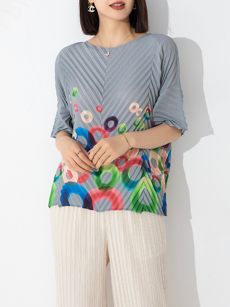 Short-Sleeved Top Stylish Loose plus Size round Neck Pullover Handmade Pleated Printed Comfortable Pleated T-shirt #Rs20230319