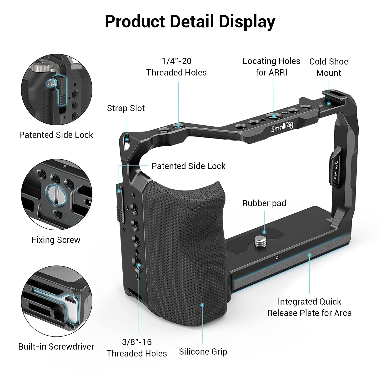 SmallRig A7C Cage with Side Silicone Handle Arca Swiss Base Plate for Sony A7C 3212