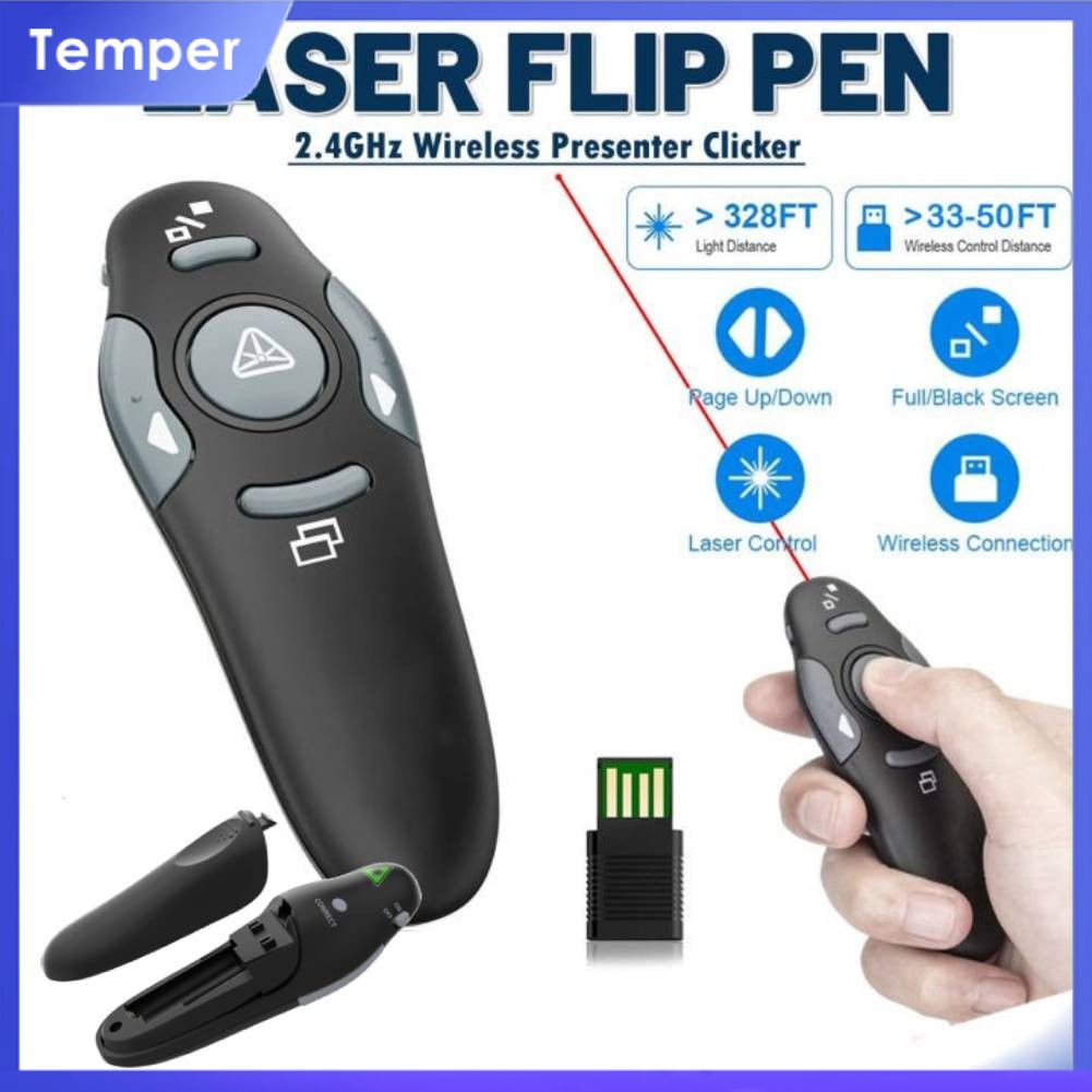 temper Wireless Presenter Clicker with Red Laser Pointer for Presentations, PowerPoint, Keynote, Google Slides - USB Receiver, Mouse Function - Portable and Affordable