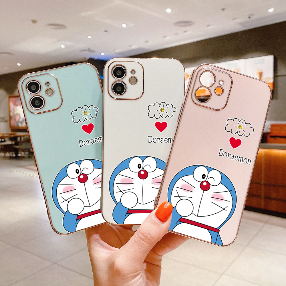 (Free Lanyard) For Realme 12 Pro Plus 5G C65 Realme Note 60 Back Cover Cute Cartoon Doraemon Square Edge Pattern Cover Luxury Plating Soft Phone Case.