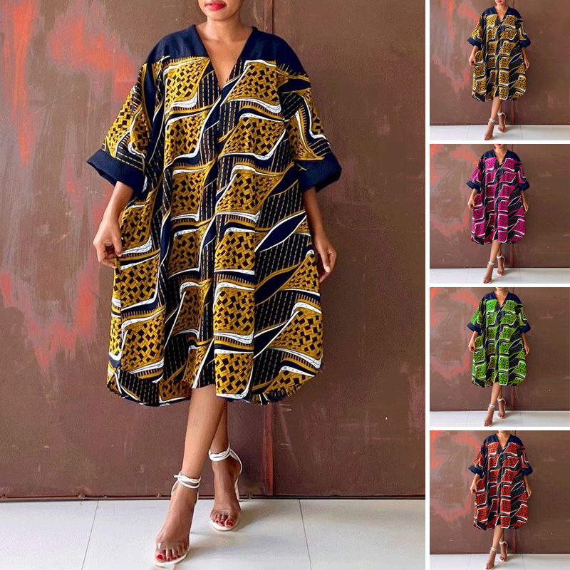 VONDA%20Women%20V%20Neck%203/4%20Batwing%20Sleeve%20Mini%20Dress%20Plus%20Size%20Printed%20Robe%20Dress%20(Plus%20Size)%20-%20Image%205