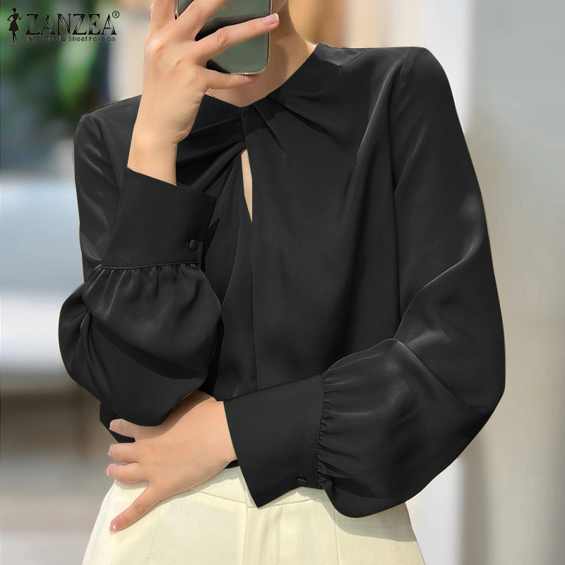 Momonaco zanzea korean style women's blouses satin front knotted hollow out pleated top elegant ol solid pullover #10