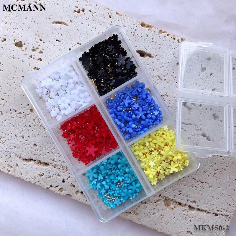 Set hoa nhí 6 ô mix size ,mix màu + bi - hoa gắn móng - sugar nails